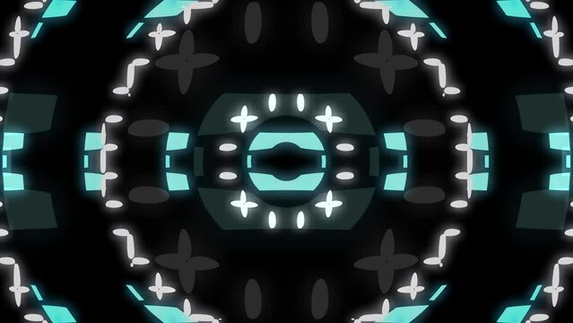 Black background with a repeating white and blue pattern, featuring various shapes and lines in a glowing square design. Ideal for VJ loops, events, and motion graphics