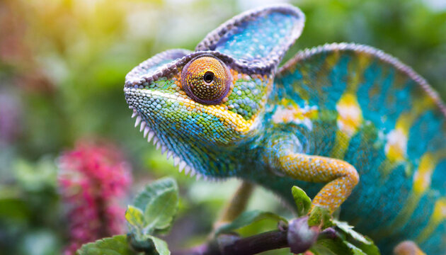 colored chameleon close-up photo on blur