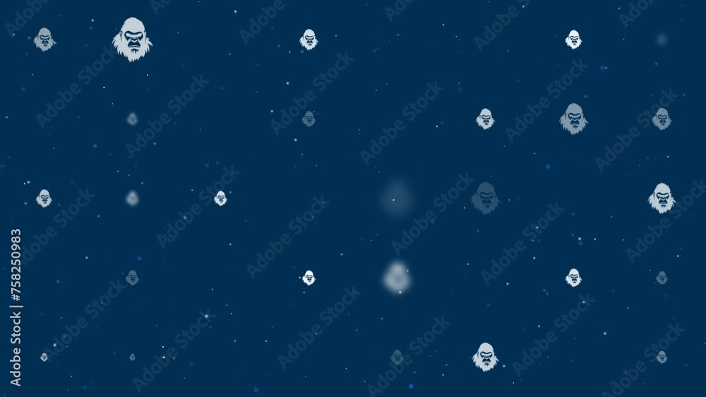 Poster template animation of evenly spaced gorilla head symbols of different sizes and opacity. animation o