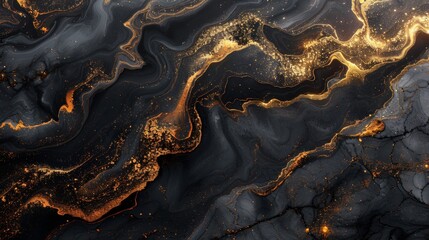 A luxurious abstract fluid art painting background in black and gold alcohol ink technique