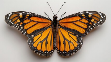 a large orange butterfly with black and white stripes on it's wings, sitting on top of a white surface.