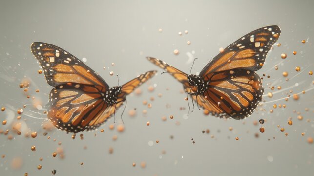  a couple of butterflies flying next to each other on top of a blue sky filled with gold flecks.