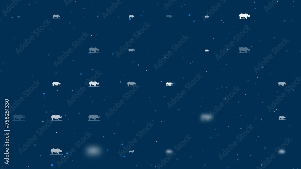 Poster template animation of evenly spaced wild rhino symbols of different sizes and opacity. animation of 