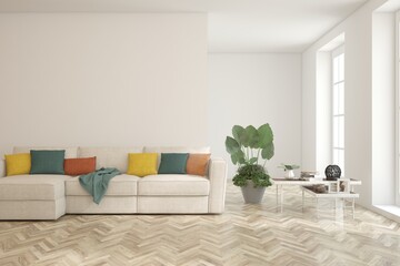 White living room with sofa. Scandinavian interior design. 3D illustration