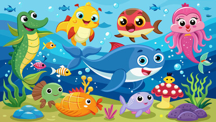 Fototapeta na wymiar cartoon-sea-animals vector illustration 