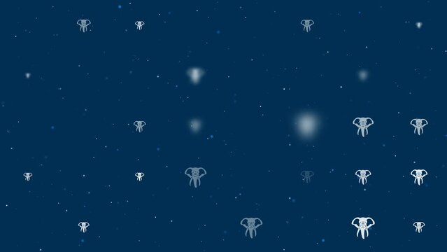 Template animation of evenly spaced elephant heads of different sizes and opacity. Animation of transparency and size. Seamless looped 4k animation on dark blue background with stars