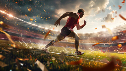 Dynamic image of an athlete sprinting powerfully on a track with vivid flare effects enhancing the action