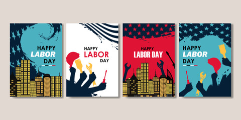 set of happy labor day poster for social media story, card, banner, background - obrazy, fototapety, plakaty