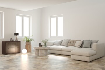 White living room with sofa. Scandinavian interior design. 3D illustration
