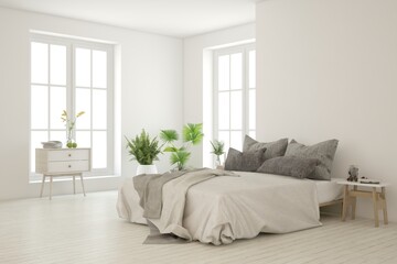 White bedroom concept. Scandinavian interior design. 3D illustration