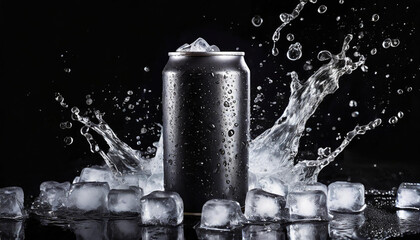 Black aluminum can with water splash and ice cubes. Beer or soda drink package. Refreshing beverage. - obrazy, fototapety, plakaty
