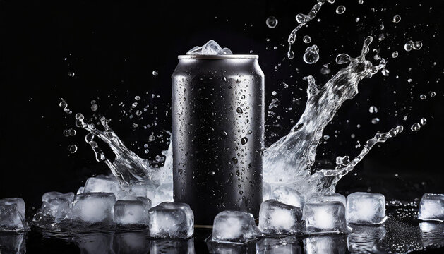 Black aluminum can with water splash and ice cubes. Beer or soda drink package. Refreshing beverage.