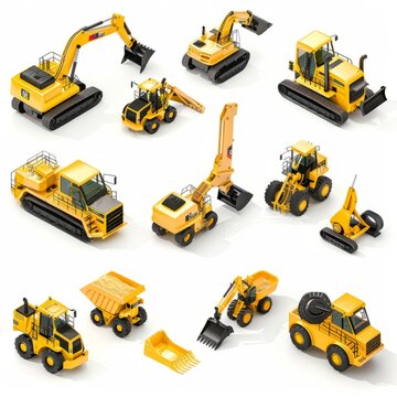 Yellow 3D Rendered Construction Fleet: Excavator and Crane. Image created by AI