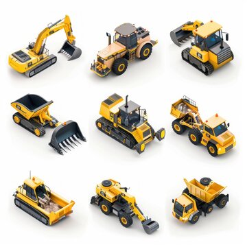 Dynamic Yellow Construction Fleet: 3D Excavator and Crane. Image created by AI