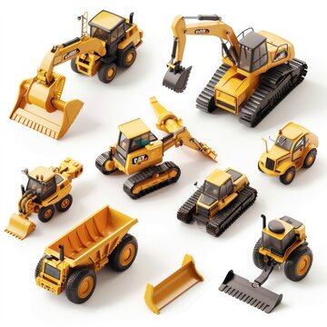 A collection of yellow construction vehicles, including a bulldozer, a crane. Image created by AI