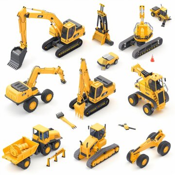 Dynamic 3D Construction Fleet: Yellow Excavator and Crane. Image created by AI