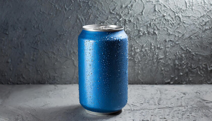 Blue aluminum can with condensation drops. Beer or soda drink package. Refreshing beverage.