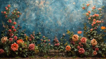 Fototapeta na wymiar a painting of flowers in a garden with a blue wall in the background and a painting of flowers in the foreground.