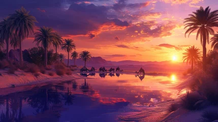 Foto op Aluminium A tranquil oasis scene at sunset with silhouettes of camels and towering palm trees reflected in water. Resplendent. © Summit Art Creations