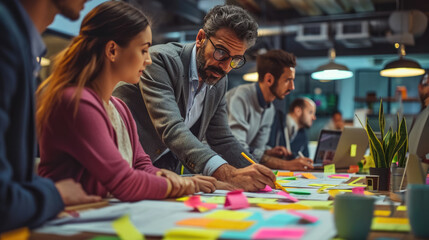 Man intently writing on a sticky note at a busy collaborative workspace, with a younger colleagues in the background