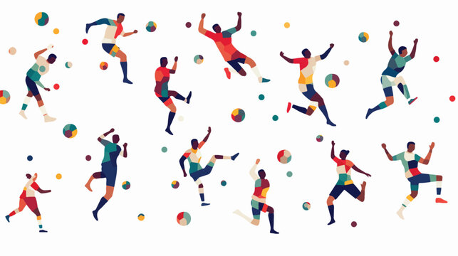 A playful pattern of soccer players kicking balls a