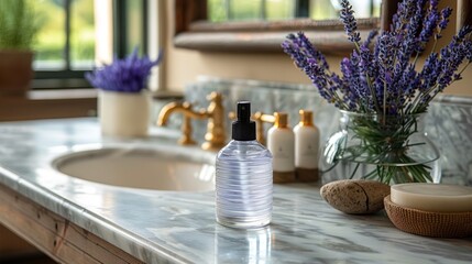  a bottle of lotion sitting on top of a bathroom counter next to a vase with lavender flowers in it.