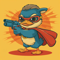 Superhero Duck Character with a Gun Illustration - Cartoon Animal, Comic Style Artwork for Gaming, Children’s Books, and Animation