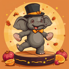 Cute Cartoon Elephant in Top Hat Dancing on a Stage Surrounded by Autumn Leaves and Fruits, Perfect for Children’s Book Illustrations and Autumn Celebrations