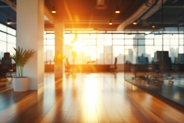 Blurred business office interior with panoramic windows and beautiful lighting with businesspeople