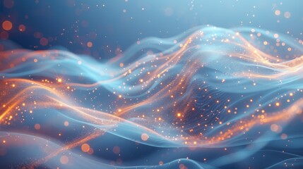  a computer generated image of a wave of blue and orange lights on a dark blue background with gold sparkles.