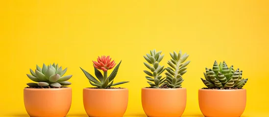 Poster Four houseplants in flowerpots are arranged in a row against a vibrant yellow backdrop, creating a picturesque landscape of terrestrial plants with colorful flowers © AkuAku