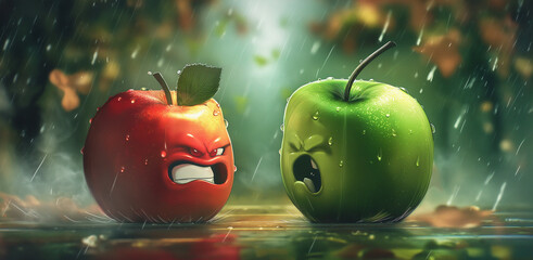Grafika przedstawiająca dwa wyjątkowo ekspresyjne i kłócące się ze sobą jabłka, jedno zielone, drugie czerwone