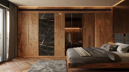 Obraz na płótnie Canvas Sleek cityscape meets serene sleep: a bedroom where marble's cool touch and wood's warmth converge.