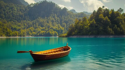 Wooden boat with paddles floating on turquoise water of calm lake on background of majestic...