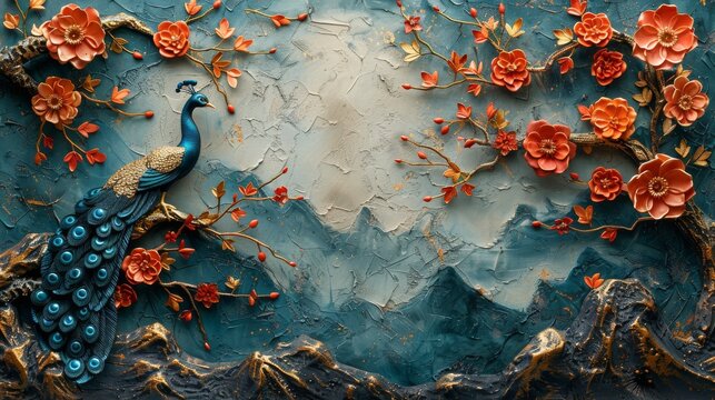 The background features flowers, branches, peacocks, gold, and a 3D textured background. It can be used for wallpapers, posters, cards, murals, prints, and anything else that makes use of art.