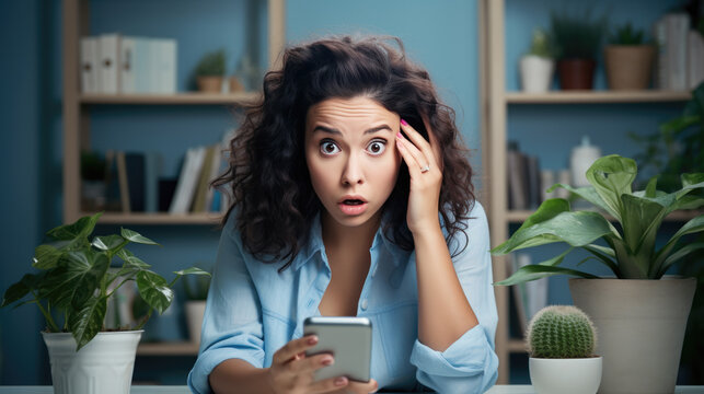 Surprised young woman with dark hair, wearing a denim shirt and holding smartphone, with a shocked expression on her face