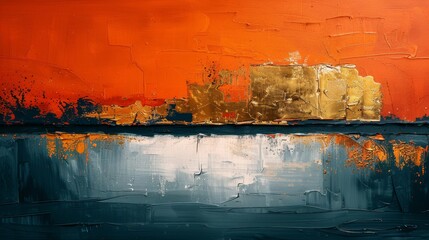 Oil painting abstract. Mural, modern artwork, paint spots, strokes, golden elements, orange, gold, blue. Knife painting. Large stroke oil painting...