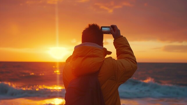 Young man is holding his mobile phone up above his head and capturing that perfect time of the day when sun is going down