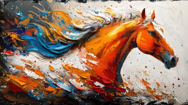Art painting. Abstract oil painting, gold, horse, wall art, modern artwork, paint spots, paint strokes, knife painting. Large stroke oil painting, mural, art wall.
