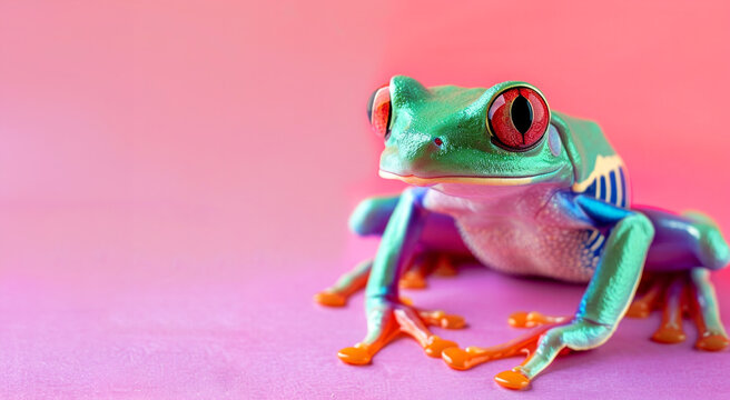 A frog with red eyes stands on a pink background. The frog is green and blue with orange spots. Creative animal concept, macro shot of poisonous frog over pastel bright background