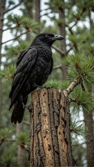 Fototapeta premium Majestic Black Crow Perched on Pine Tree