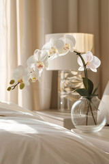 A closeup shot of an elegant white orchid in a glass vase on the bedside table, with soft morning light filtering through sheer curtains, creating a serene and luxurious atmosphere in a luxury hotel