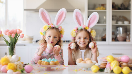 Obraz na płótnie Canvas Young children with bunny ears and Easter-themed face stickers are smiling at the camera, surrounded by Easter eggs and decorations in a bright home kitchen setting