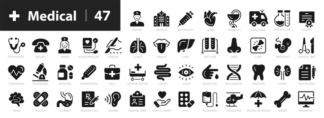 Medecine flat icons set. Medical and Health 47 icons collection. Doctor, medical card, diagnostic, pharmacy, ambulance, internal organs, sense organs, cardiogram - stock vector.