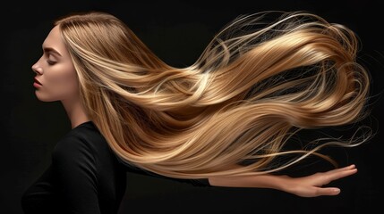 Beautiful blonde woman with long shiny hair on dark background   hair care and beauty concept