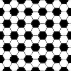 Soccer ball seamless pattern. Repeating black football print isolated on white background. Repeated hexagon texture for sport prints design. Abstract balls patern repeat wallpaper. Vector illustration