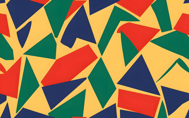 a Colorful vibrant geometric shapes inspired The pattern consists of triangles and rectangles in shades of blue, green, red, and yellow, 
Wallpaper Background
