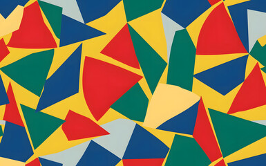 a Colorful vibrant geometric shapes inspired The pattern consists of triangles and rectangles in shades of blue, green, red, and yellow, 
Wallpaper Background