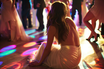 Drunk teenage girl or young woman back rear view, passed out on school prom party or nightclub floor