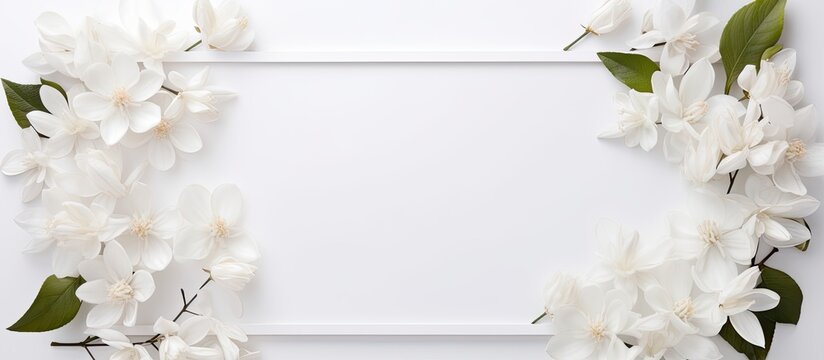 A delicate white frame adorned with white flowers and green leaves, creating a beautiful flower arrangement. Perfect for events and window displays